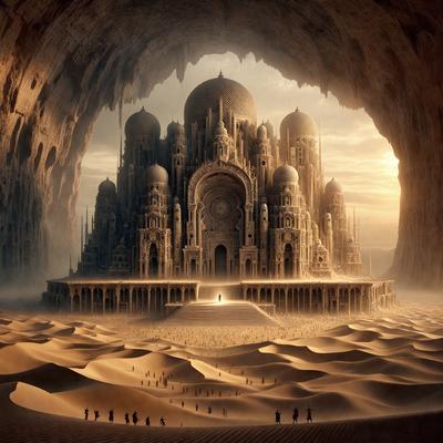 The primary subject of the image is a large, intricate, and ornate castle-like structure, which appears to be a digital art or illustration. The setting is a desert landscape, with a rocky mountain in the background. The visual style is artistic and imaginative, creating a sense of wonder and fantasy. The colors and mood of the image are predominantly warm and earthy tones, with a touch of gold and brown, evoking a sense of mystery and timelessness.